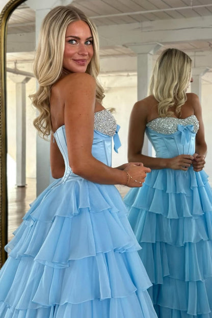 Elegant Yellow A-Line Tiered Ruffle Prom Dress with Sparkling Bodice