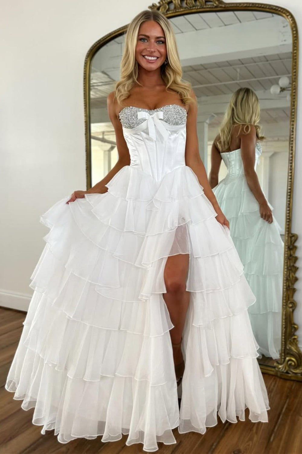 Elegant Yellow A-Line Tiered Ruffle Prom Dress with Sparkling Bodice