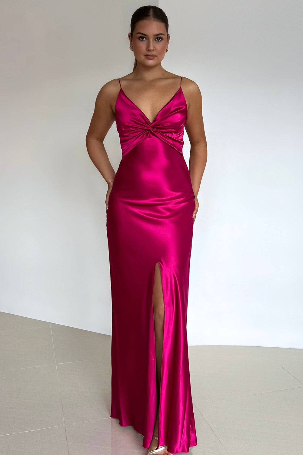Elegant Yellow V-Neck Keyhole Back Satin Gown with Front Twist
