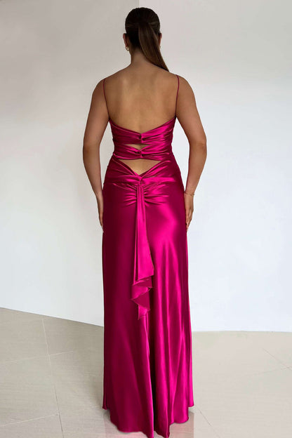Elegant Yellow V-Neck Keyhole Back Satin Gown with Front Twist
