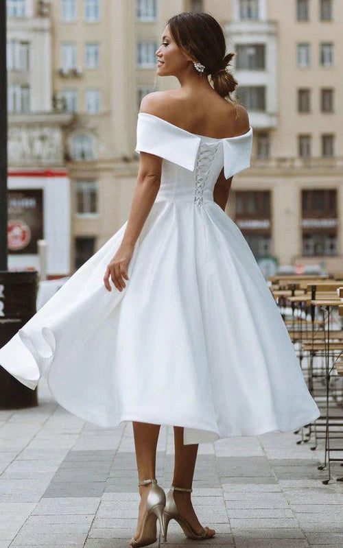 omberprom Elegant A-Line Satin Tea Length Off the Shoulder Wedding Dress Simple Party Dress