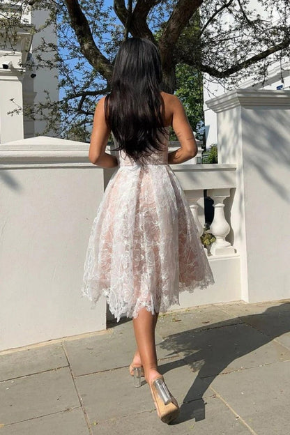 Elegant A-Line Strapless Lace Corset Homecoming Dress with Flowing Skirt