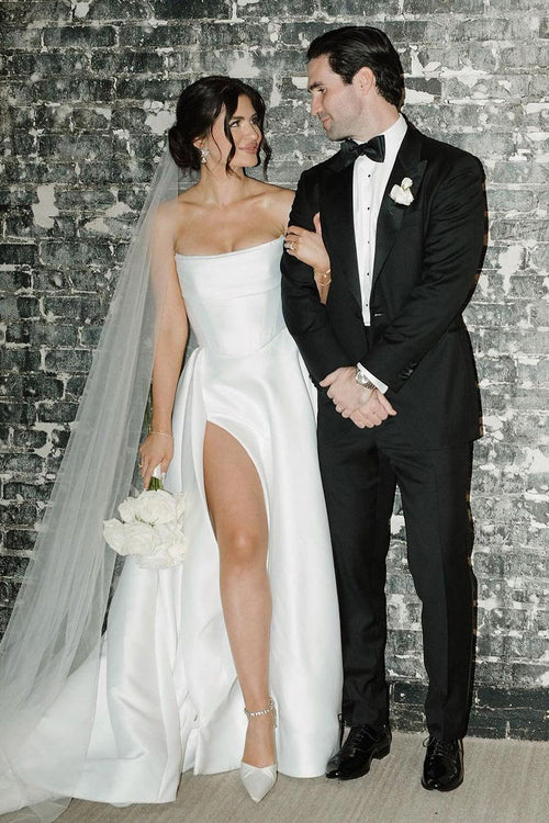 omberprom Elegant A-Line Strapless Satin Simple Bridal Gown Charming Wedding Dresses with Slit