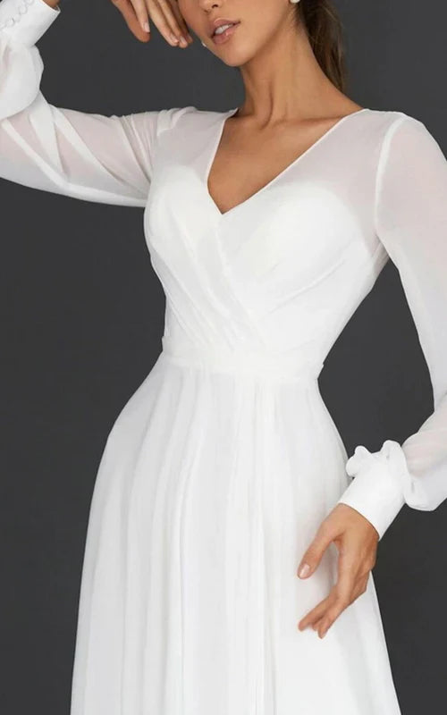 omberprom Elegant A-Line V-neck Chiffon Long Sleeves Zipper Wedding Dress Simple Party Dress