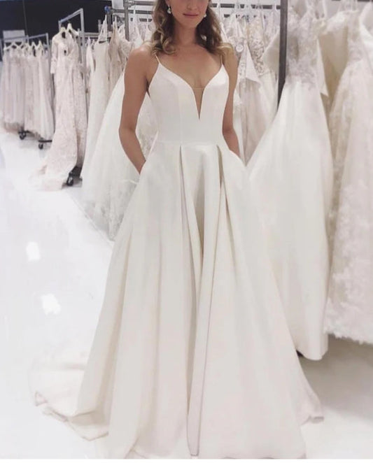 omberprom Elegant A-line Spaghetti Straps Long Wedding Dresses Simple Satin Sexy Bridal Gowns Wholesale