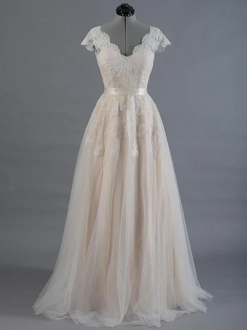 omberprom Elegant A Line Cap Sleeve V-Neck Lace Tulle Wedding Dress With Zipper Back Romantic Bridal Gown