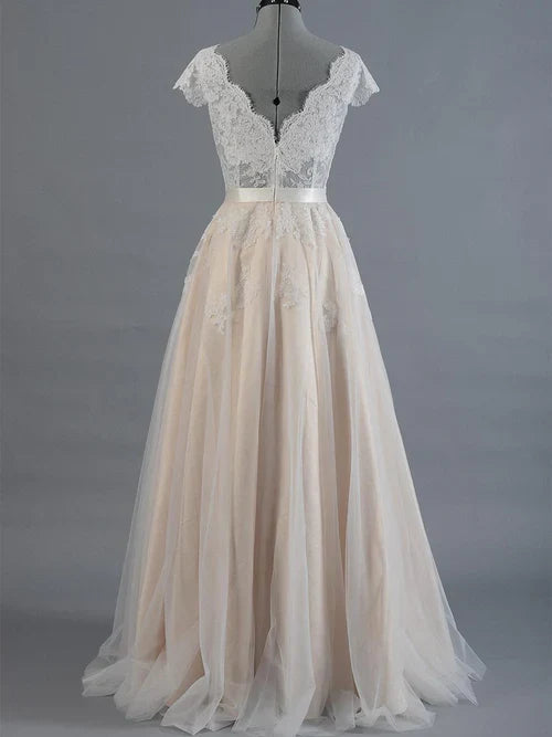 omberprom Elegant A Line Cap Sleeve V-Neck Lace Tulle Wedding Dress With Zipper Back Romantic Bridal Gown