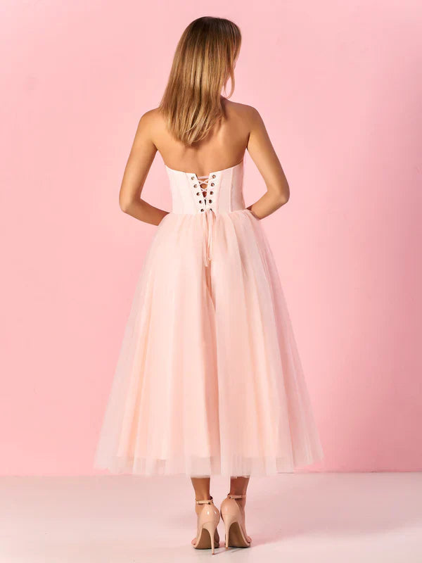 omberprom Elegant A Line Graduation Dresses Strapless Lovely Tulle Prom Dress Sweetheart Homecoming Dresses