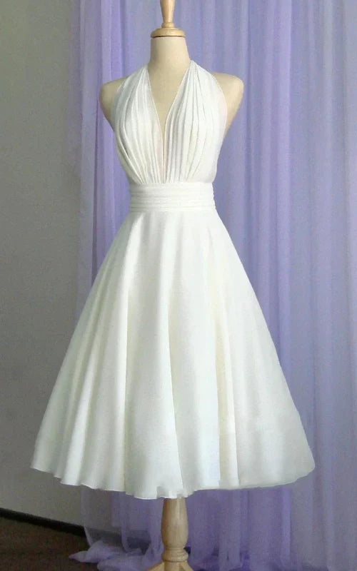omberprom Elegant A Line Halter Chiffon Wedding Dress With Halter Neck and Bow Vintage Bridal Gown Simple Party Dress