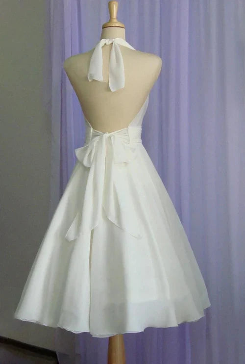 omberprom Elegant A Line Halter Chiffon Wedding Dress With Halter Neck and Bow Vintage Bridal Gown Simple Party Dress