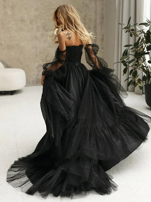 omberprom Elegant Black Corset A-Line Long Sleeves Wedding Dresses With Off-The-Shoulder Bridal Gown