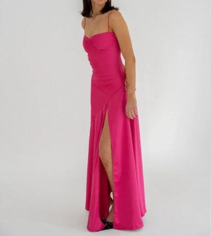 omberprom Elegant Evening Dresses Spaghetti Straps Long Prom Dress Satin Simple Formal Party Dress With Slit