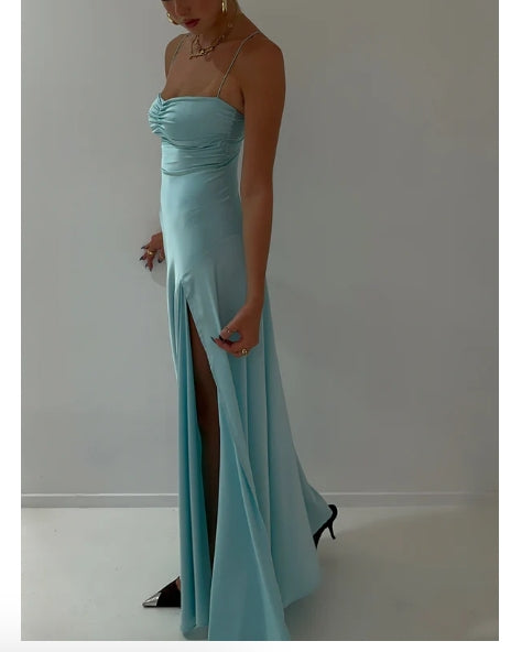 omberprom Elegant Evening Dresses Spaghetti Straps Long Prom Dress Satin Simple Formal Party Dress With Slit