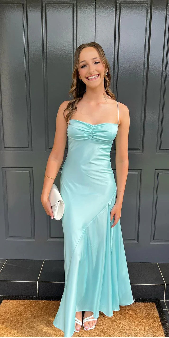 omberprom Elegant Evening Dresses Spaghetti Straps Long Prom Dress Satin Simple Formal Party Dress With Slit