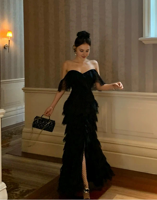 omberprom Elegant Evening Gowns Off The Shoulder Black Long Prom Dress with Slit Birthday Party Dress