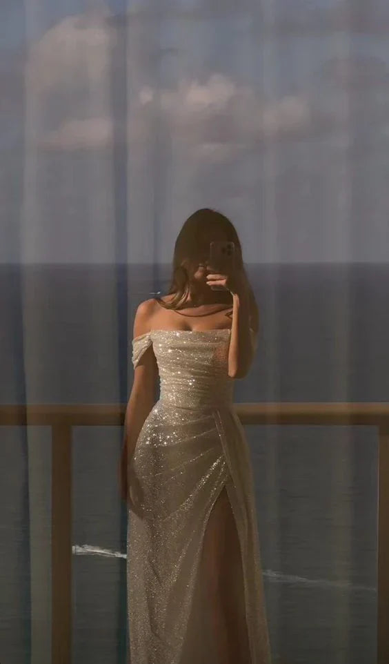 omberprom Elegant Formal Dress Off Shoulder Sequin Long Prom Dress Sparkly Evening Party Dress Charming Wedding Dress With Slit