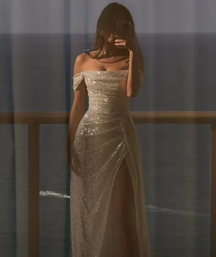 omberprom Elegant Formal Dress Off Shoulder Sequin Long Prom Dress Sparkly Evening Party Dress Charming Wedding Dress With Slit