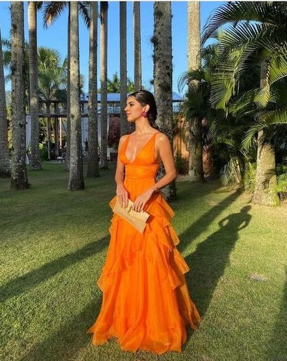 omberprom Elegant A Line V Neck Sleeveless Evening Gowns Ruffles Orange Long Prom Dress Charming Wedding Guest Party Dresses