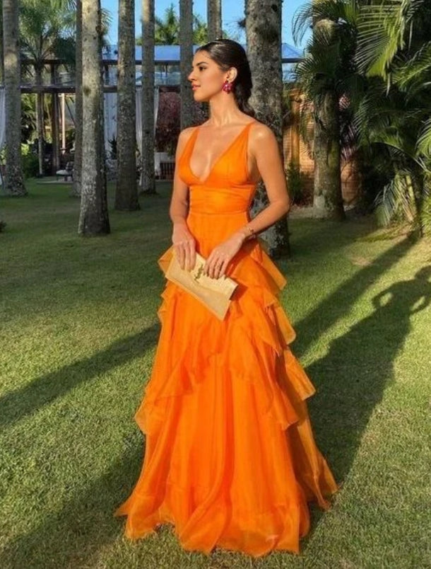 omberprom Elegant A Line V Neck Sleeveless Evening Gowns Ruffles Orange Long Prom Dress Charming Wedding Guest Party Dresses