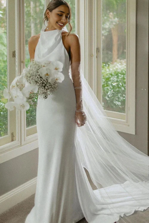 omberprom Elegant Mermaid Halter Sleeveless Long Wedding Dresses Simple Bridal Gown