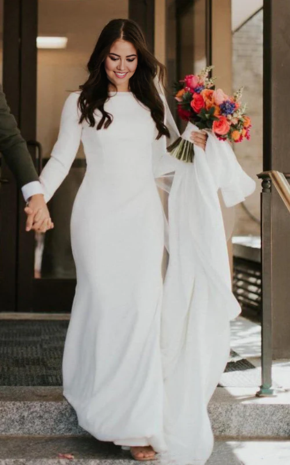 omberprom Elegant Mermaid Long Sleeve Wedding Dress Chapel Train Simple Bridal Gown