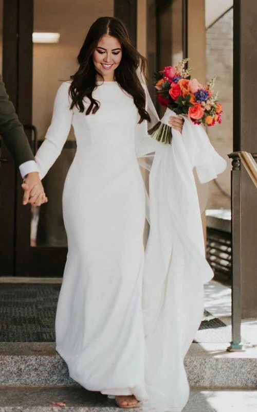 omberprom Elegant Mermaid Long Sleeve Wedding Dress Chapel Train Simple Bridal Gown