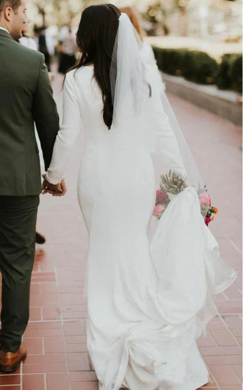 omberprom Elegant Mermaid Long Sleeve Wedding Dress Chapel Train Simple Bridal Gown