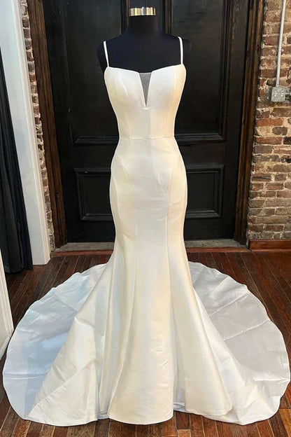 omberprom Elegant Mermaid Spaghetti Straps Long Wedding Dress Simple Bridal Gown