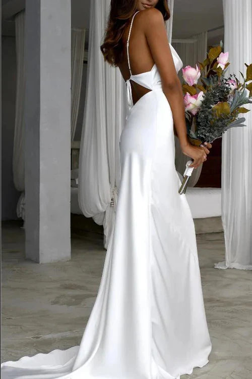 omberprom Elegant Mermaid Spaghetti Straps Satin Sweep Train Wedding Dress Charming Bridal Gown Simple Party Dress