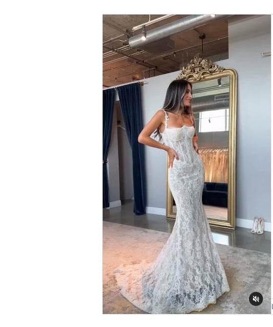 omberprom Elegant Mermaid Straps Appliques Lace Wedding Dress Floor Length Charming Bridal Gown