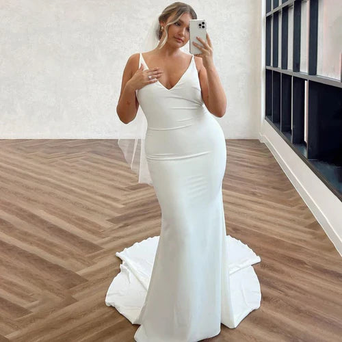 omberprom Elegant Mermaid V-neck Sleeveless Long Wedding Dresses Simple Bridal Gown