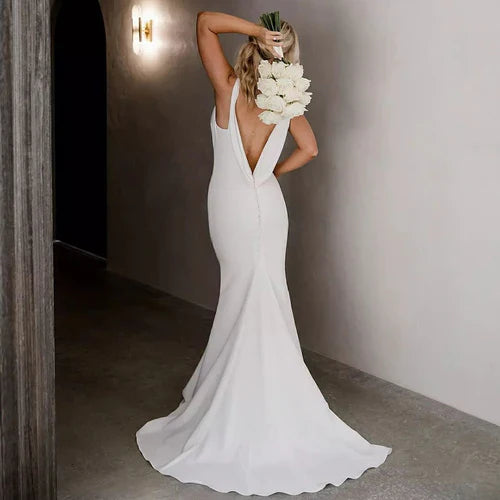 omberprom Elegant Mermaid V-neck Sleeveless Long Wedding Dresses Simple Bridal Gown