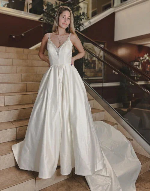 omberprom Elegant Noble A-line V-Neck Chapel Train Satin Wedding Dress With Beading Chic Bridal Gown