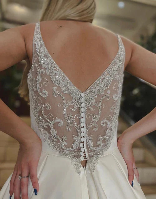omberprom Elegant Noble A-line V-Neck Chapel Train Satin Wedding Dress With Beading Chic Bridal Gown