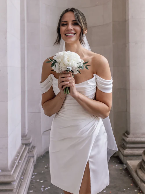 omberprom Elegant Off-the-Shoulder Short Satin Cowl Neck Simple Formal Wedding Dress With Slit