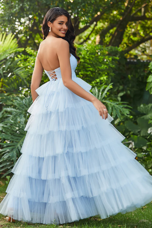 omberprom Elegant Prom Dresses Ruffles Strapless A-Line Evening Dress Tiered Tulle Long Dress