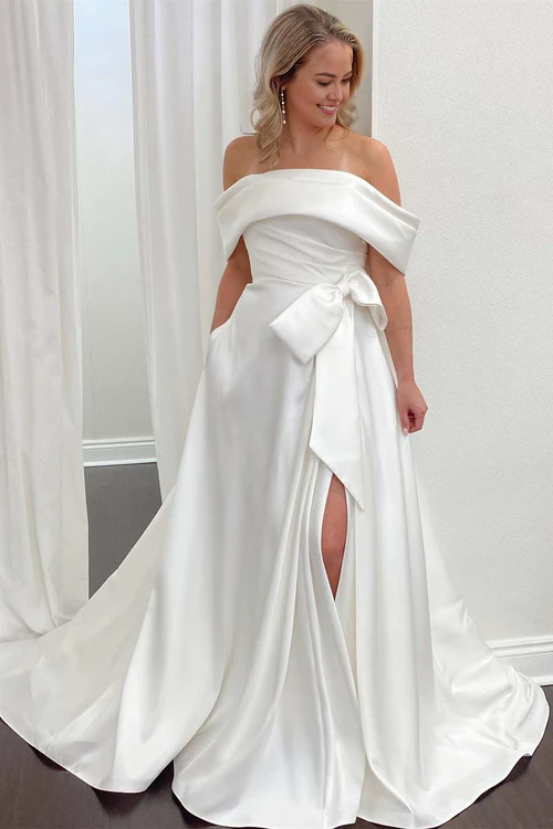 omberprom Elegant Satin Off-the-Shoulder Bow A-Line Wedding Dress with Slit Charming Evening Party Dress