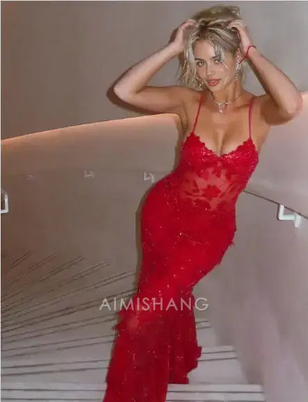 omberprom Elegant Sheath Spaghetti Straps Red Formal Dress Sparkly Long Prom Dresses Charming Party Evening Gowns