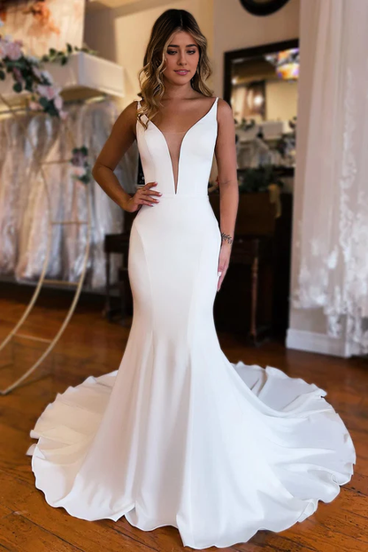 omberprom Elegant Sleeveless Bridal Gown Simple Mermaid Backless Boho Wedding Dress