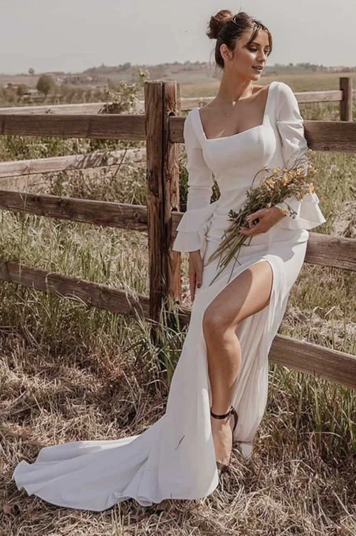 omberprom Elegant Square Neck Long Sleeve Long Wedding Dress with Slit Sweetheart Bridal Gown Simple Party Dress