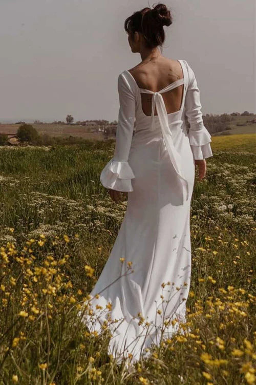 omberprom Elegant Square Neck Long Sleeve Long Wedding Dress with Slit Sweetheart Bridal Gown Simple Party Dress