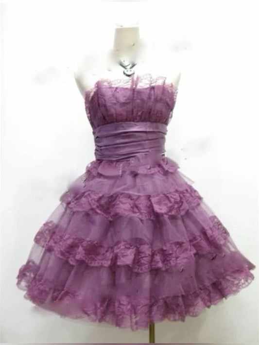 omberprom Elegant Strapless Purple A Line Lace Prom Dress Vintage Formal Dress Lovely Homecoming Dress