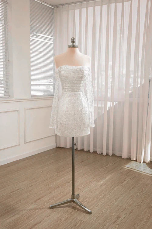 omberprom Elegant Strapless Short Homecoming Dress Sequined Backless Charming Wedding Dress With Long Sleeves Lovely Birthday Party Dress