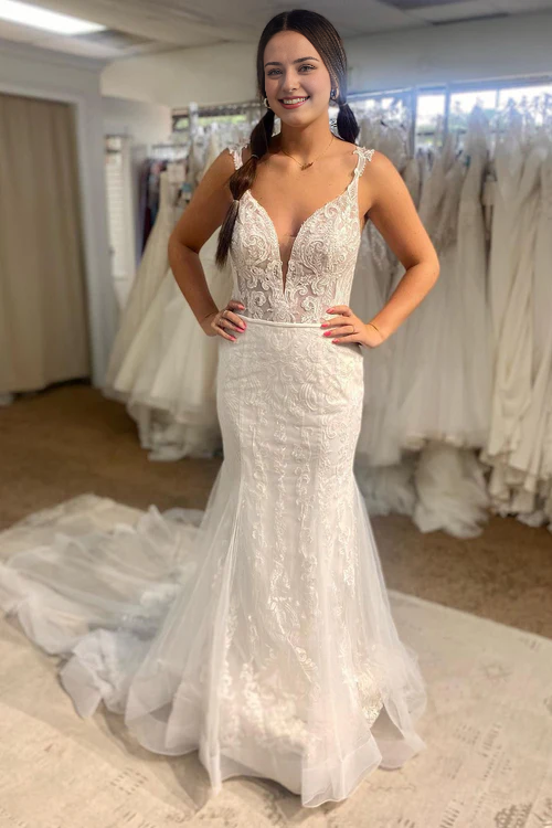 omberprom Elegant Tulle Mermaid Spaghetti Straps Long Wedding Dress Charming Bridal Gown with Appliques