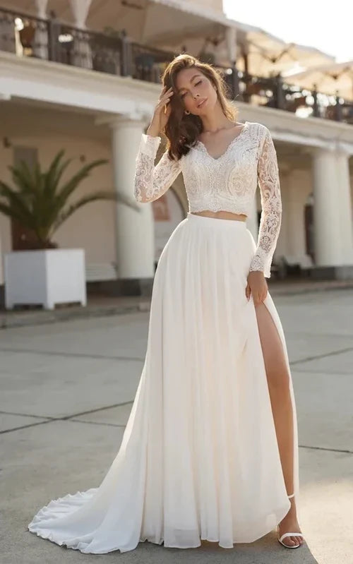 omberprom Elegant Two Piece V-neck Long Sleeves Wedding Dress with Sweep Train Lace Bridal Gown With Slit