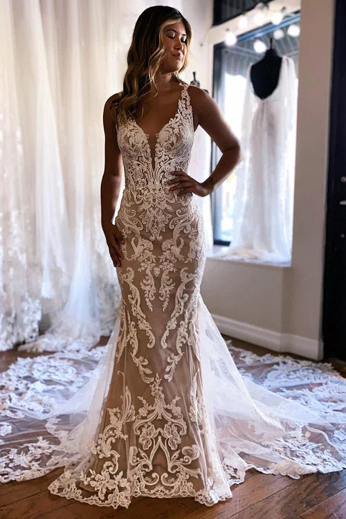 omberprom Elegant V-Neck Mermaid Lace Long Wedding Dress Charming Bridal Gown