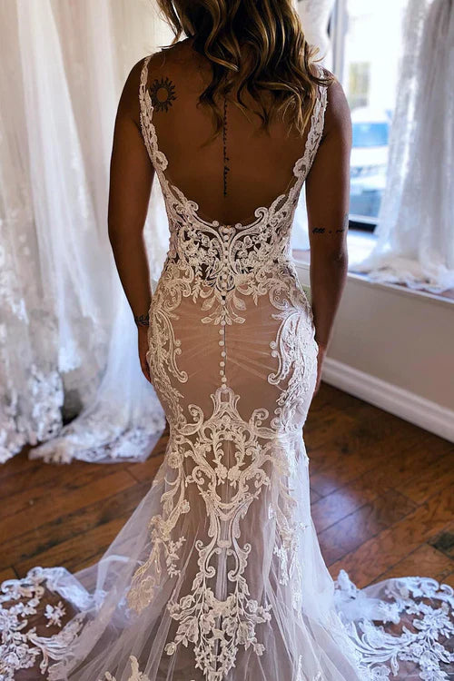 omberprom Elegant V-Neck Mermaid Lace Long Wedding Dress Charming Bridal Gown