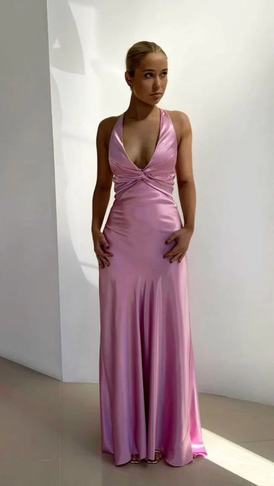 omberprom Elegant V Neck Sleeveless Satin Evening Gowns Sexy Long Prom Dress Simple Formal Party Dress