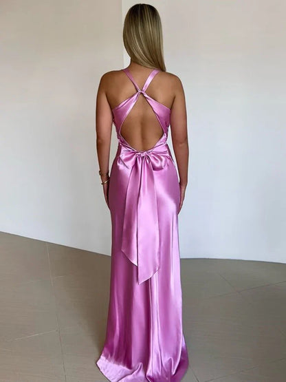 omberprom Elegant V Neck Sleeveless Satin Evening Gowns Sexy Long Prom Dress Simple Formal Party Dress