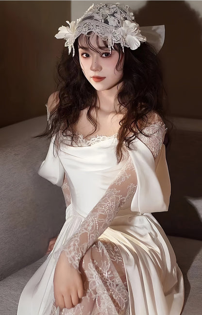Elegant White Satin Lace Wedding Dress, Flowing Wedding Reception Dress,AST1752